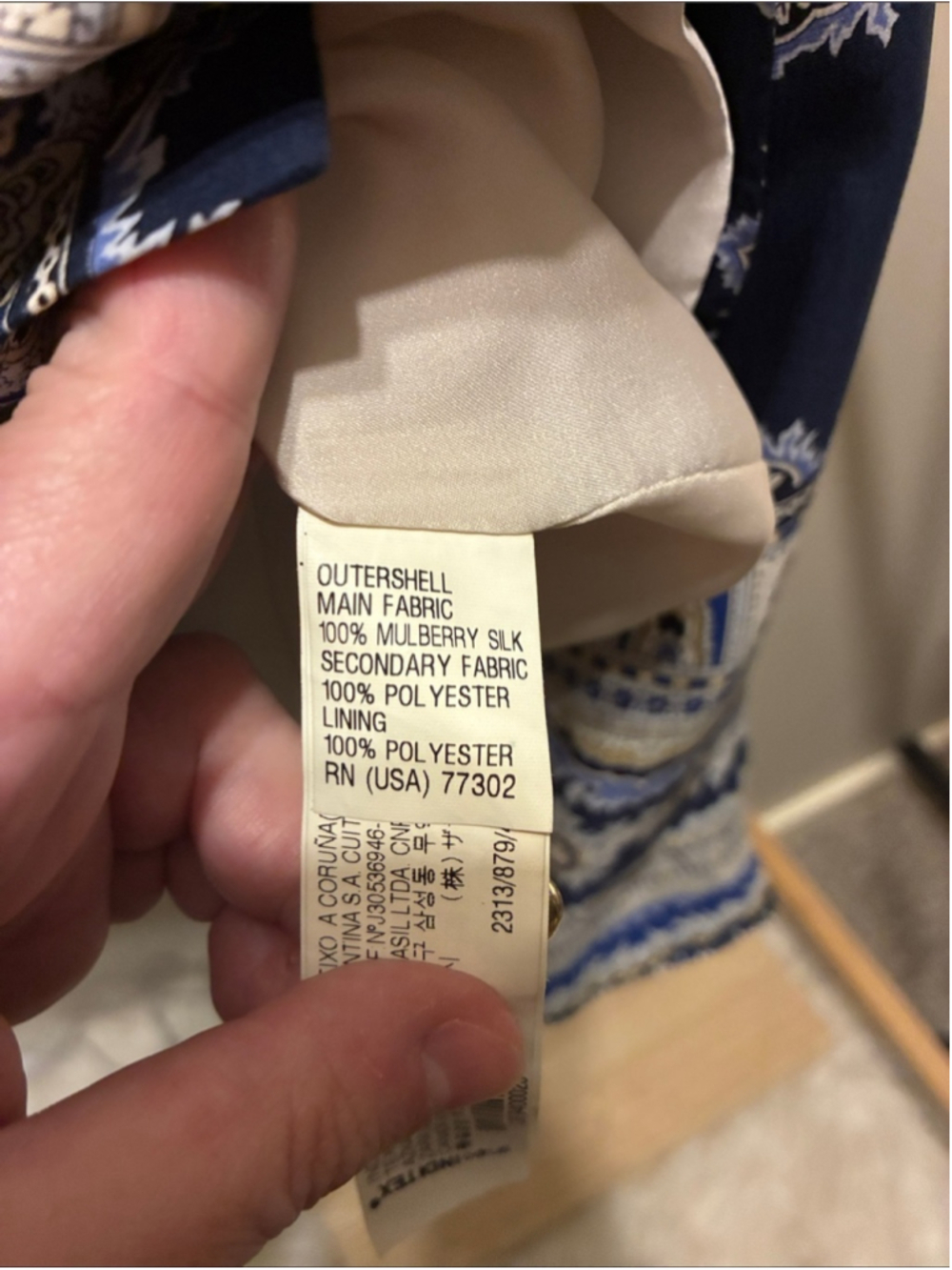 Zara Silk Blue and Cream Printed Shawl Collar Blazer - Picture 3 of 4